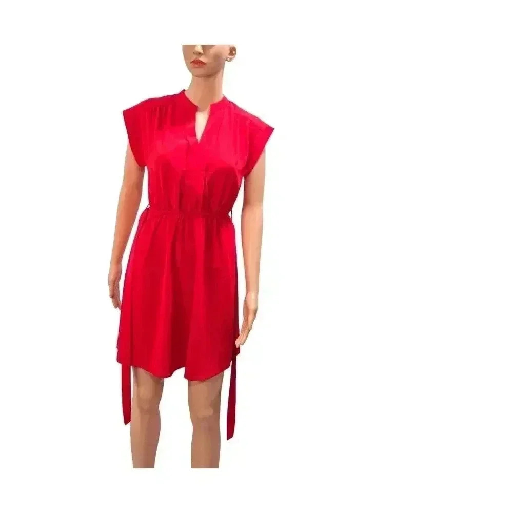 Bold Red Sleeveless Dress with Waist Tie - Picture 2 of 6